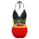 A Rastafari one-piece bikini is inspired by the Rastafari movement, which originated in Jamaica. It typically features the colors of the Ethiopian flag - red, green, and gold - which are associated with Rastafarian culture. The design often includes bold stripes or patterns in these colors.  The Rastafari one-piece bikini is a vibrant and expressive swimwear choice that represents the Rastafarian movement and its values of unity, spirituality, and African heritage. 