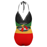 A Rastafari one-piece bikini is inspired by the Rastafari movement, which originated in Jamaica. It typically features the colors of the Ethiopian flag - red, green, and gold - which are associated with Rastafarian culture. The design often includes bold stripes or patterns in these colors.  The Rastafari one-piece bikini is a vibrant and expressive swimwear choice that represents the Rastafarian movement and its values of unity, spirituality, and African heritage. 