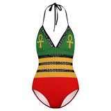 A Rastafari one-piece bikini is inspired by the Rastafari movement, which originated in Jamaica. It typically features the colors of the Ethiopian flag - red, green, and gold - which are associated with Rastafarian culture. The design often includes bold stripes or patterns in these colors.  The Rastafari one-piece bikini is a vibrant and expressive swimwear choice that represents the Rastafarian movement and its values of unity, spirituality, and African heritage. 