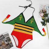 A Rastafari one-piece bikini is inspired by the Rastafari movement, which originated in Jamaica. It typically features the colors of the Ethiopian flag - red, green, and gold - which are associated with Rastafarian culture. The design often includes bold stripes or patterns in these colors.  The Rastafari one-piece bikini is a vibrant and expressive swimwear choice that represents the Rastafarian movement and its values of unity, spirituality, and African heritage. 