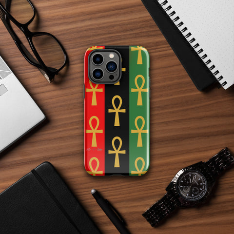 The Pan African tough iPhone case typically features vibrant colors that represent the Pan African flag, which includes red, black, and green, and also the Ankh symbolThe case is designed to be durable and protective, often made from high-quality materials to withstand drops and impacts. 
The Pan African tough iPhone case is not just a functional accessory but also a statement piece that celebrates Pan African identity.